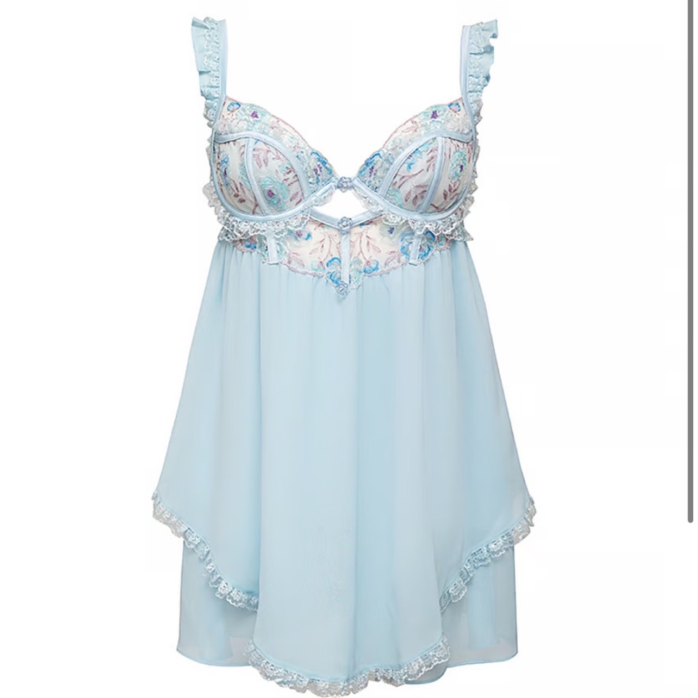 For Love and Lemons Sorbet Rose Babydoll Top XS Baby Blue Lace Bra Top FL&L